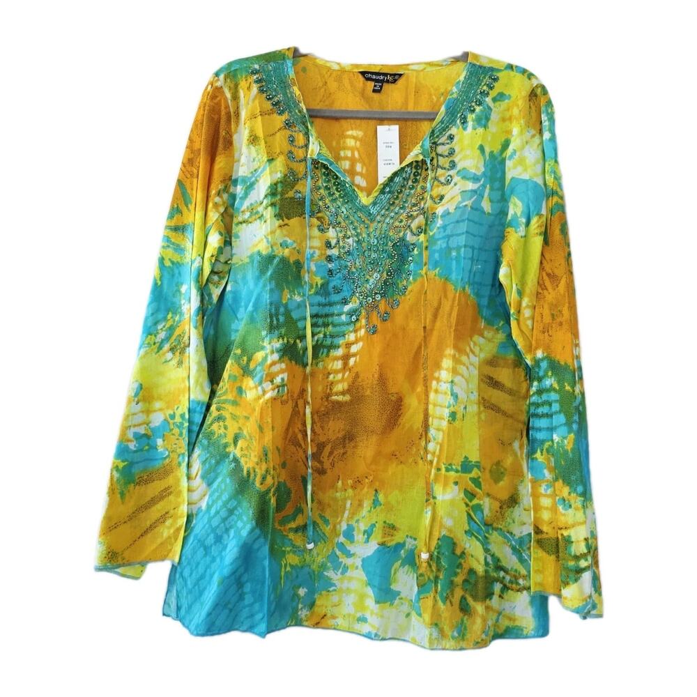 Chaudry Tunic Top blouse XL‎ Tie Dye Yellow Teal Cotton Lightweight NWT Beaded